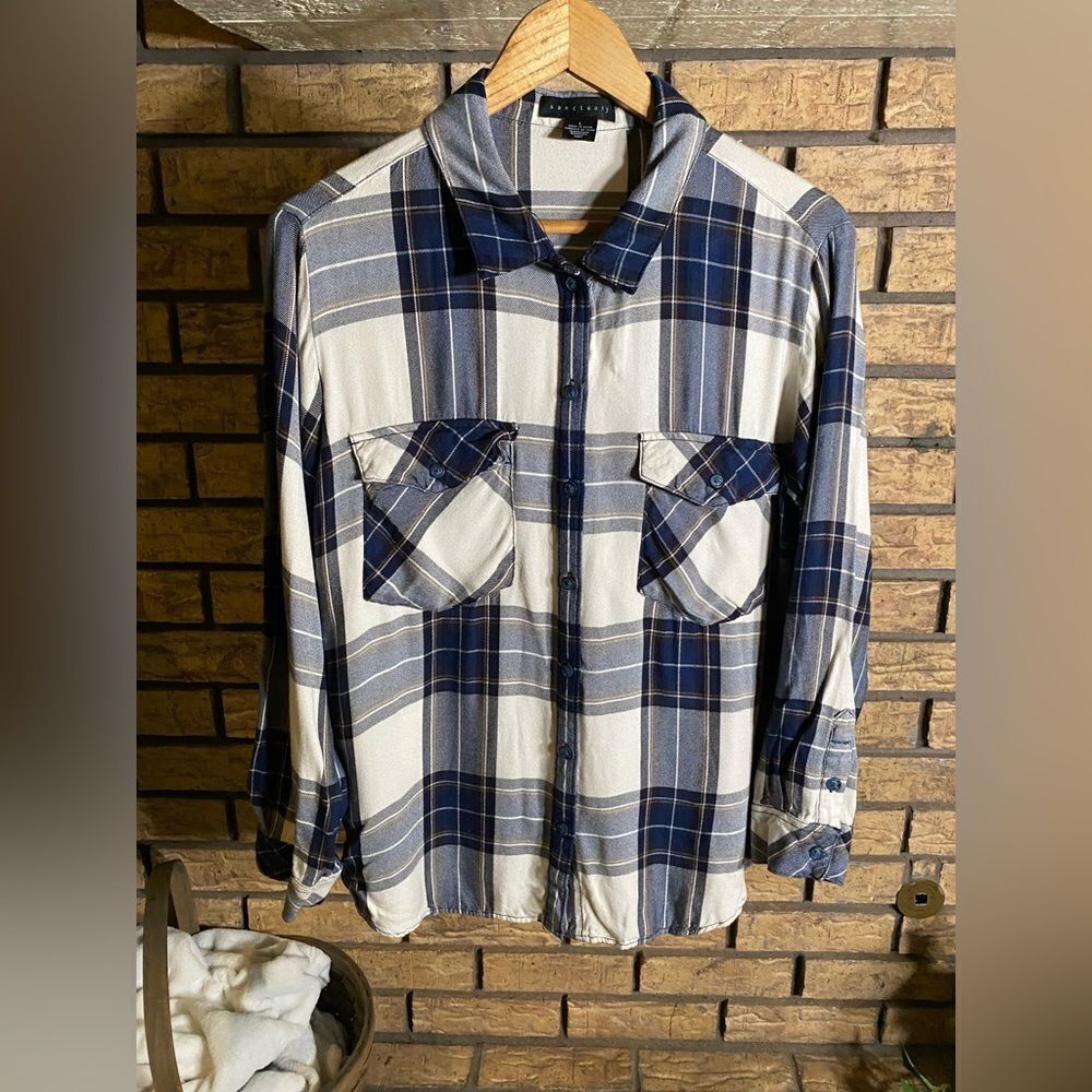 Blue and cream plaid button down